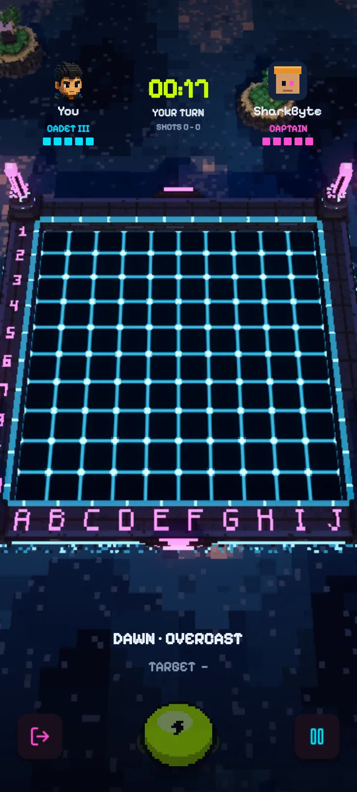Battle screen showing the neon grid at dusk with a turn timer and the BOOM button