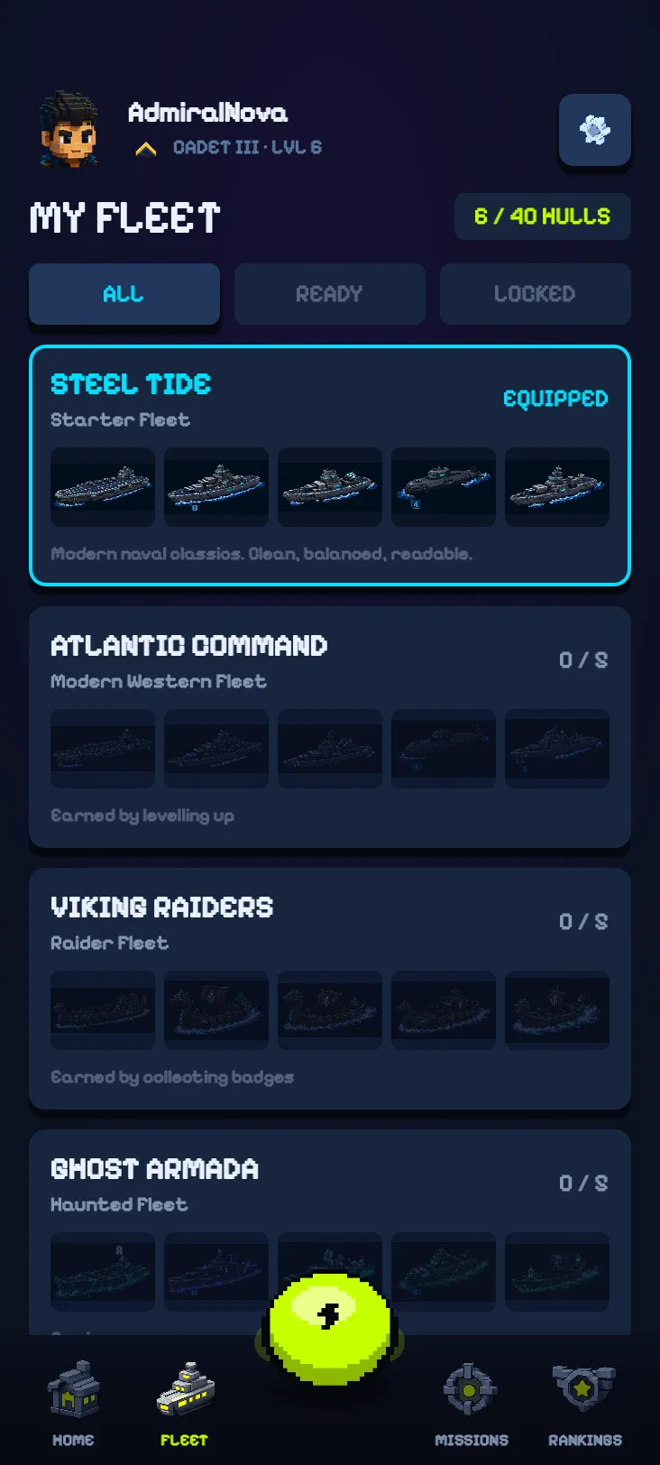 My Fleet screen showing collectible voxel warships with rarity tiers