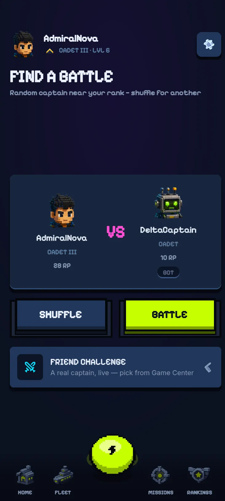 Find a battle screen with quick match, private room code and ranked options