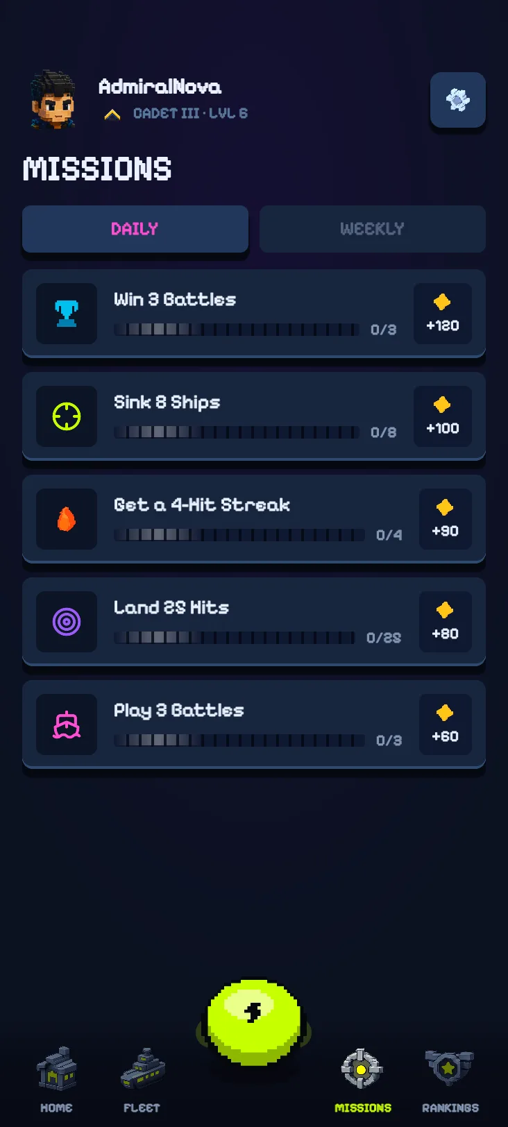Daily and weekly missions with claimable rewards