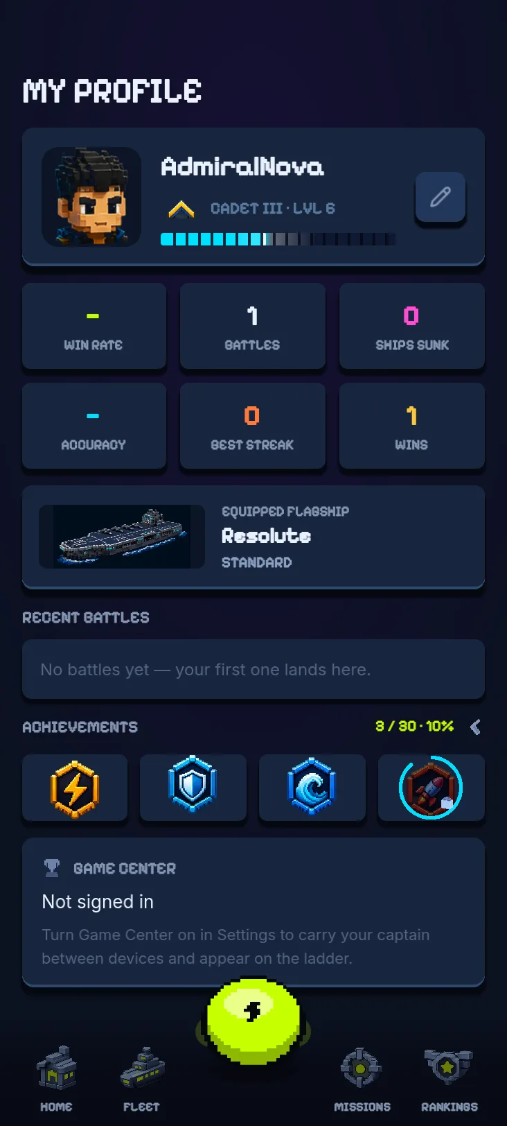 Player profile with level, stats and equipped flagship
